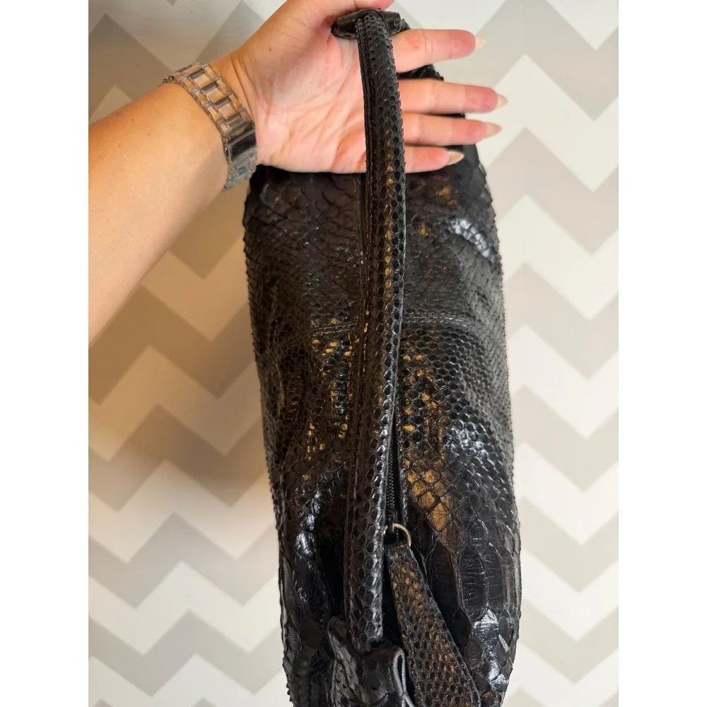 Carlos Falchi Black Python Leather Hobo Bag Teal Suede Lining Exotic Snakeskin